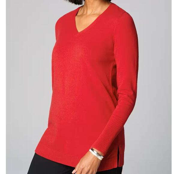 J.Jill $79 Medium Ruby Red V-Neck Cable Knit Classic Preppy Luxury Tunic Sweater - Picture 3 of 10